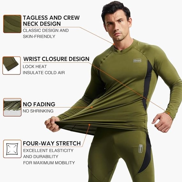 Thermal Set Vinter Jaktutrustning Sport Long Johns Base Layer Botten Topp Mellanvikt (Army Green, Medium)