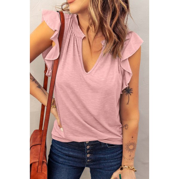 Uformell tanktopp for kvinner med V-hals og volangermer, løs topp, sommer (Rosa, L)