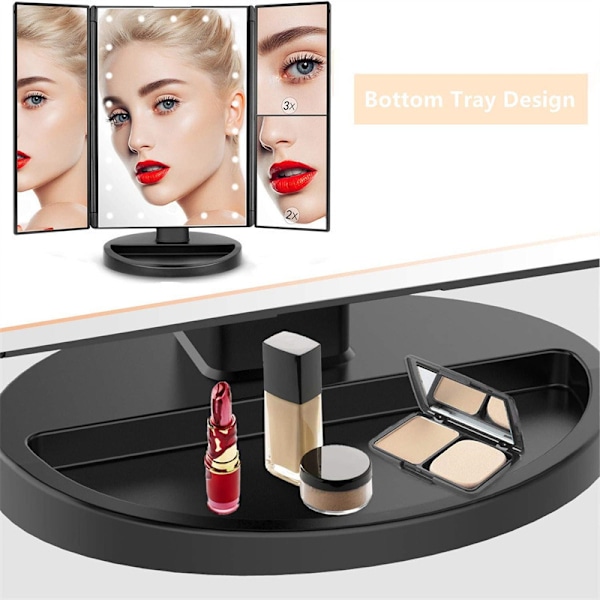 Sminkspegel Vanity Mirror med lampor, 2X 3X 10X förstoring, upplyst sminkspegel, touchkontroll, bärbar LED-sminkspegel, present till kvinnor mörk