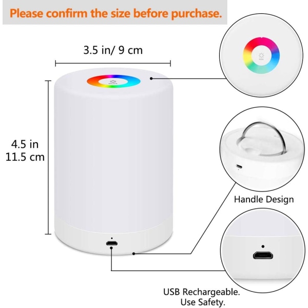 LED-nattlampa, smart sängbordslampa, dimbar pekkontroll, USB -uppladdningsbar, bärbar, RGB-färgförändring för barn, sovrum, camping (varm whisky)