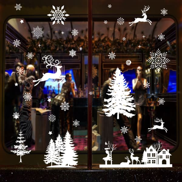 Julgransglasdekal Vit Cederträd Snöhus Älg Fönsterdekal