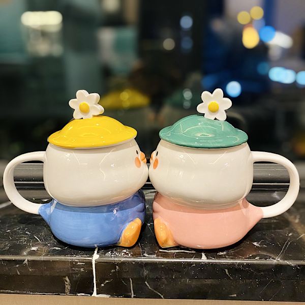 Blå Rolig Anka Kopp, 3D Söt Mugg, Keramisk Kaffemugg med Sked och Lock, Kawaii Mugg, Djurkopp för Mjölkte Cappuccino, Mugg för Kvinnor Flickor Söt Födelsedag