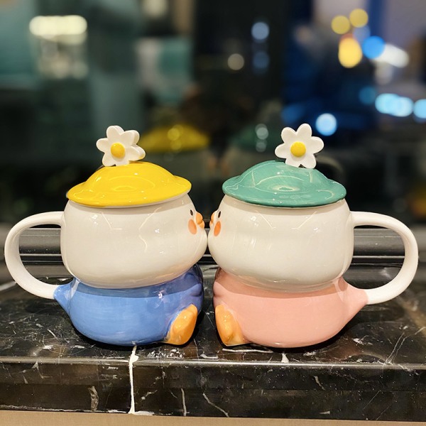 Blue Funny Duck Cup, 3D söt mugg, keramisk kaffemugg med sked och lock, Kawaii mugg, djurkopp för mjölkte cappuccino, mugg för kvinnor flickor söt Birt