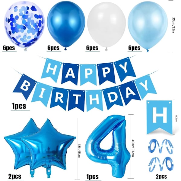 4-årig pojkefödelsedagsballong, blå 4-års födelsedagsdekorationer, Nummer 4 födelsedagsballonger, latexkonfettiballonger Födelsedagsdoptillbehör