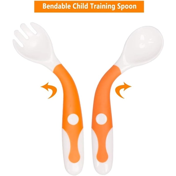Baby Skedar Gafflar Toddler Barn Matning Träningssked Lätt grepp Vikbar Perfekt Självmatande lärande skedar (1 par orange)