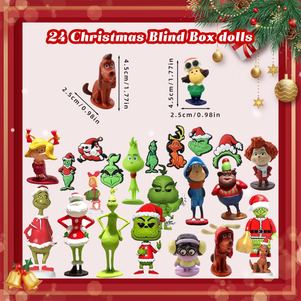 Julälva adventskalender 2023, 24 dagars julnedräkningskalender med 24st gröna tecknade leksaker docka för barn vuxen jul semester strumpa fyllning