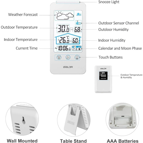 Trådløs vejrstation med udendørs sensor, indendørs udendørs hygrometer termometer, farve LCD-display, med kalender, vejrudsigt, ℃/℉ kan skiftes
