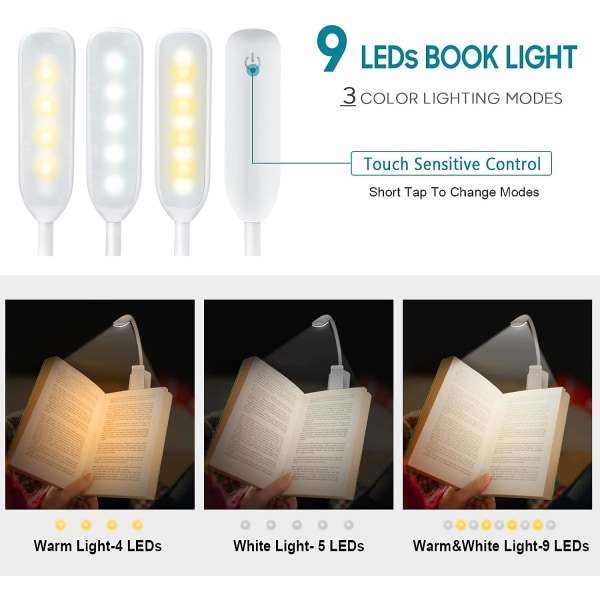 9 LED-läsljus, uppladdningsbar läslampa i 3 ljusstyrkalägen (kall vit/varmgul), dimbar läslampa för bok i sängen, bokklämma