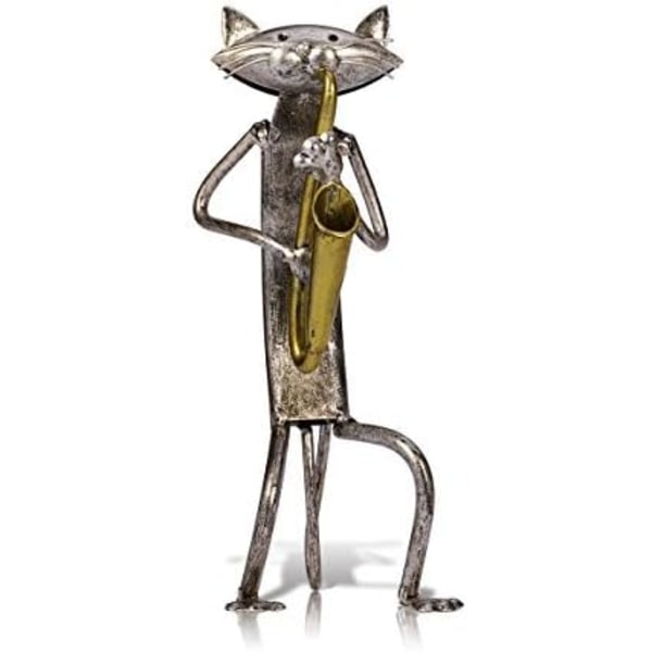 En Spelande Saxofon Katt Metall Skulptur Järn Staty Handarbete Hantverk