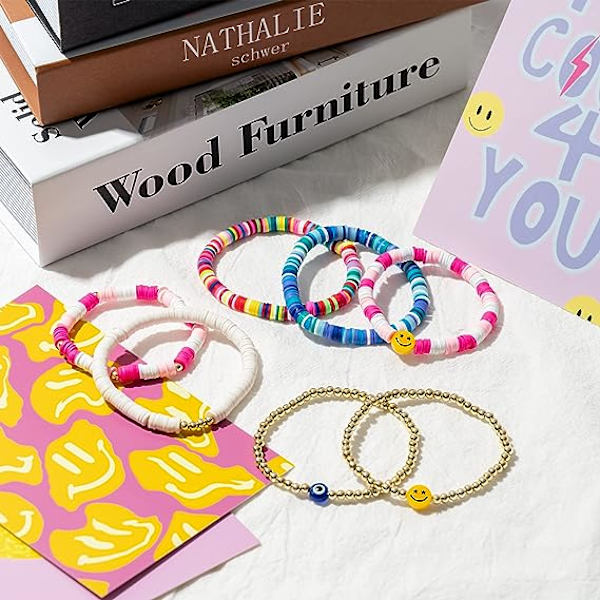 7 stk. Surferarmbåndsett Fargerike Preppy Happy Smile Onde Øye Perlearmbånd Elastiske Leire Stablebare Boho Disc Armbånd Kidcore Estetisk Sommer Be
