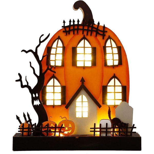 Halloween bordsfigurer, 9" X 8" Lighted Pumpkin House Deco