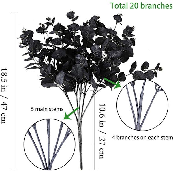 1 förpackning svarta falska blommor konstgjorda eukalyptusstjälkar bukett med 20 grenar 18,5 tum eukalyptusblad för vas bröllopsbord Mittpunkt DIY Fl