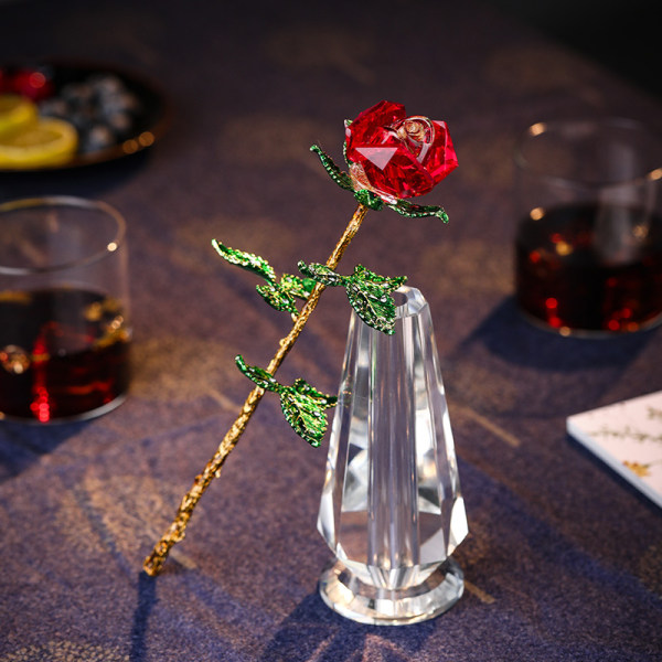 Krystal Rose Glas Rød Rose Blomst med Grønne Blade Krystal Vase til Bryllupsdag/Kone, Romantiske Evighedsgaver til Hende Valentinsdag/Fødselsdag