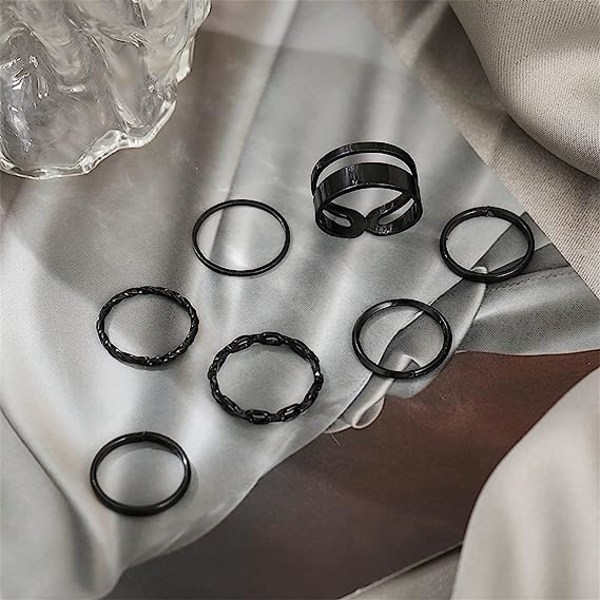 Svart Knuckle Ring Set för kvinnor för flickor Snake Chain Stacking Ring V