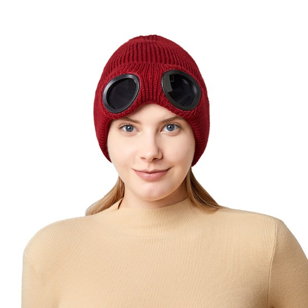 Mössa Höst och vinter Vindruteglasögon för män och kvinnor Plysch Skidstickad mössa 56-58cm(röd)