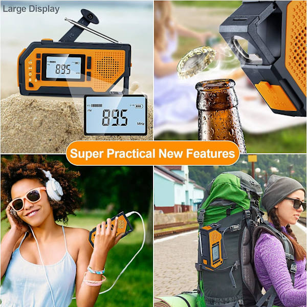 Bärbar radio med LCD-skärm och handvev 2000mAh uppladdningsbart batteri Nödradio Power SOS Alarm -Orange