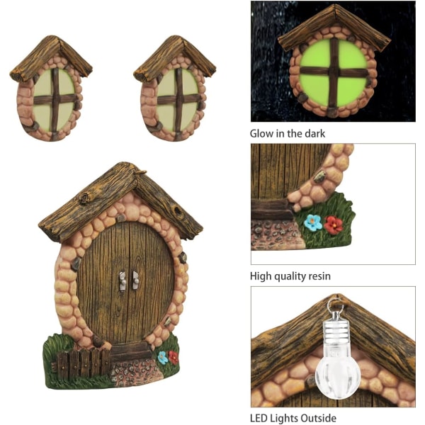 Fevindu og dør, lysende fe-trevindu, miniatyr fe-tredekorasjon, vindusgård, barnas hageskulptur, vegg, utendørs, hage, plen