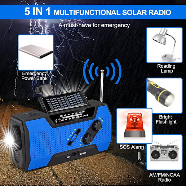 Käsikäyttöinen hätäradio, aurinkovoimalla toimiva kannettava monitoiminen ulkoiluradio 2000 mAh:n teholla/LED-taskulampulla/SOS-hälytyksellä (sininen)