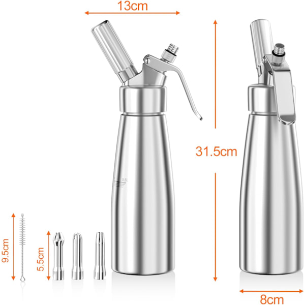 500 ml flødedispenser/flødesifon i aluminium med 3 dekorationsdyser i rustfrit stål og 1 rengøringsbørste til mousse og desserter