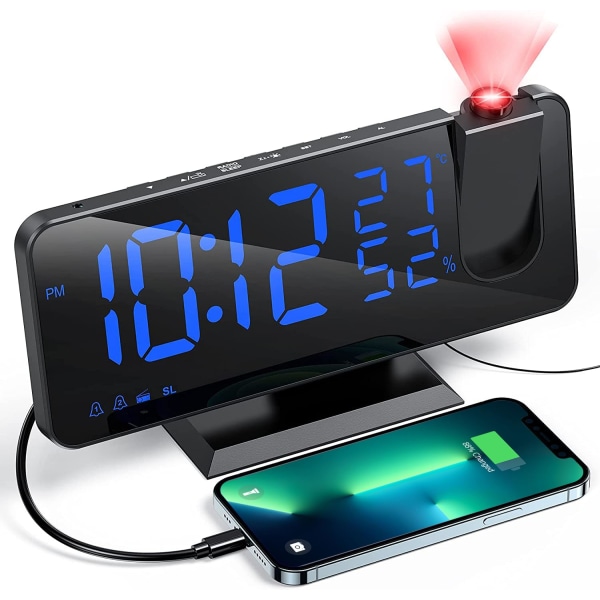 Projektorväckarklocka med radio, digital klocka, väckarklocka med USB port, 3 justerbara ljusstyrkanivåer, snooze och 15 volymnivåer, 12/24h