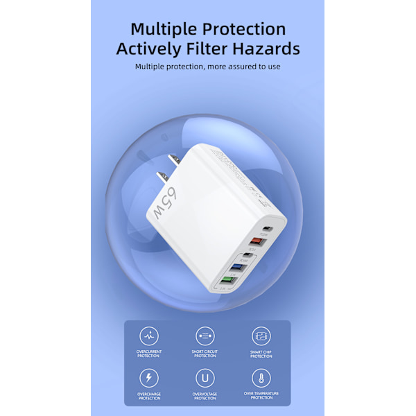 GaN Snabbladdning 65W USB Typ C-laddare PD 3.0 Snabbladdningsvägg För Telefonadapter För iPhone 15 Xiaomi Huawei Samsung Oneplus