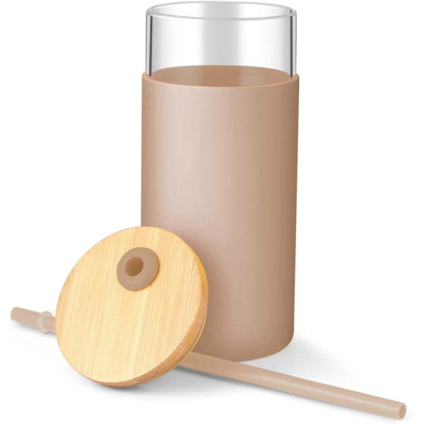 Glas tumlare glas vattenflaska halm silikon skyddshylsa bambu lock - BPA fri (bärnsten)