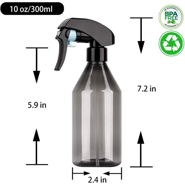 300 ml tom sprayflaska, set med 2 behållare för tom sprayflaska i plast för växt, hår, rengöring, trädgårdsarbete - transparent grå