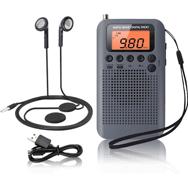 Bärbar Radio Mini Pocket Radio med högtalare FM/AM Digital Stereo DSP-mottagare med väckarklocka och timer, personlig radio med hörlurar, Grå