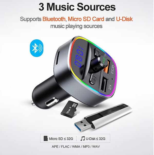 Biloplader Hurtig Opladning/ Mp3 Bluetooth Afspiller/ Fm Transmitter Farverige stemningslys