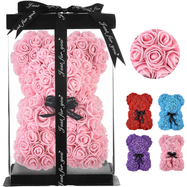 Rosa nallebjörn, blomsterbjörn, evig evighetsblomma för fönster, födelsedag, jul, alla hjärtans dag-present (ljusrosa)