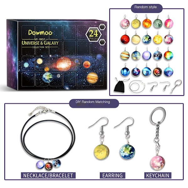 Jul Universum Og Galaxy Adventskalendere Gaveeske DIY Planet Smykkesett 24 dager anheng gave tilfeldig blindbokssett