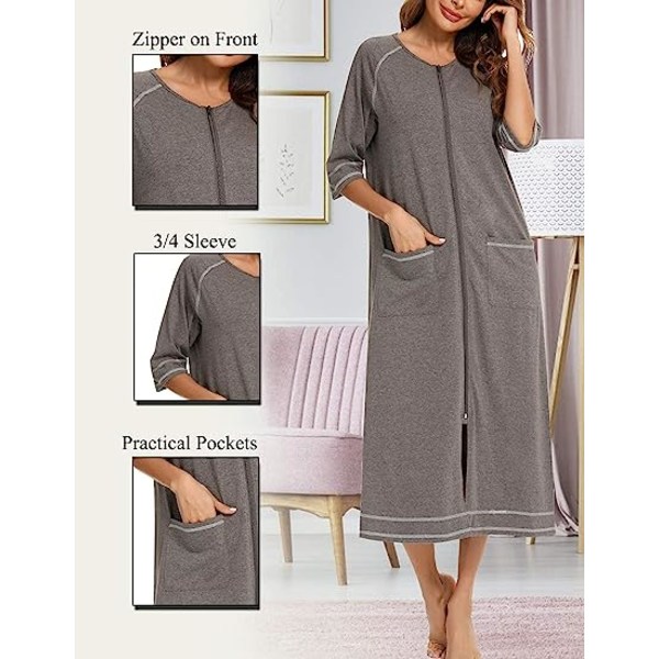 Damrock med dragkedja front office kappa 3/4-ärm pyjamas full längd kvinnors casual med fickor, grå, S-XXL