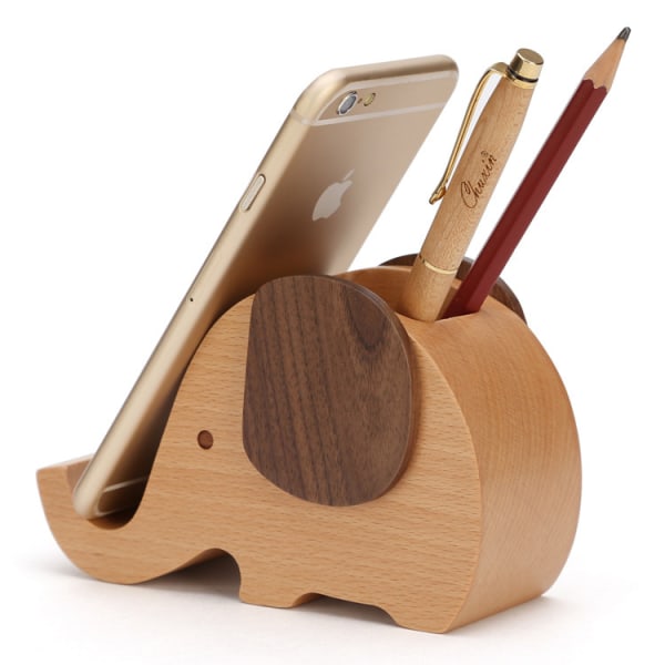 Elephant Wooden Pen Cup Pennhållare för skrivbordsdekor Organizer med mobiltelefonställ