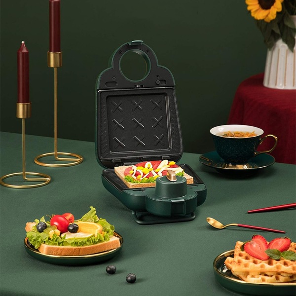 Frokostmaskin, Sandwich Frokostmaskin, Multifunksjonstimer, Lett Vaffelbrødmaskin, Trykksteking, 220V, Grønn