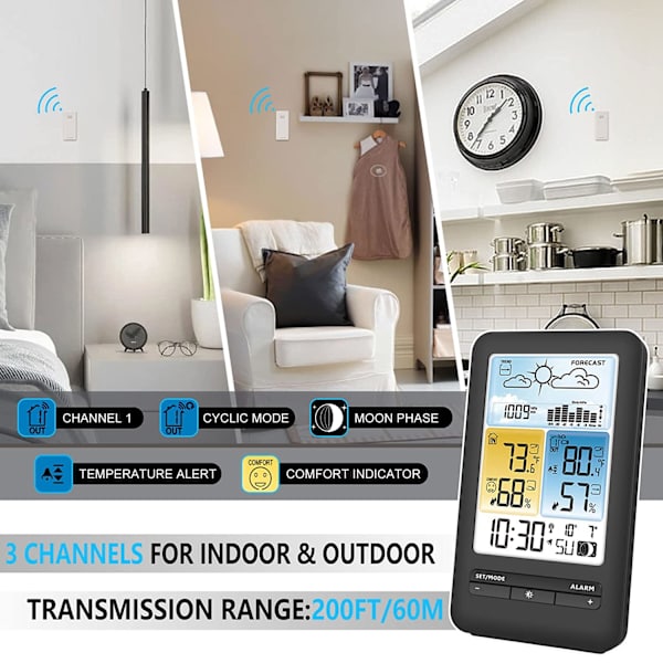 Inomhus- och utomhustermometer för meteorologisk station Trådlös färgdisplay fuktighetsmonitor, vädertermometer med barometer och månfas, U