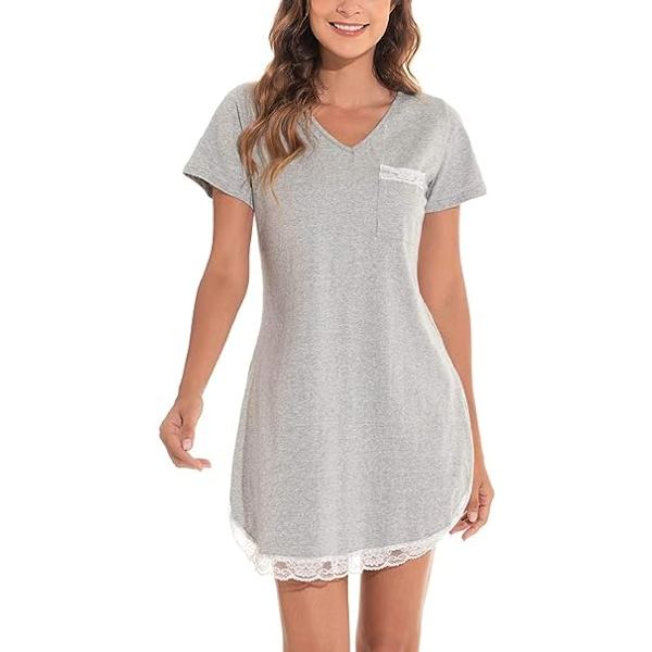 Dame Bomulls Nattskjorte Kort Nattskjole Sommer Blonde Nattskjole med Lomme/Kort Erme Blonde Nattskjole, Grå, Størrelse L
