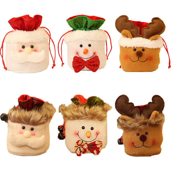 6 juldekorationer Godispåse Presentpåse Gubben Snowman Älg Äppelpåse Julgran
