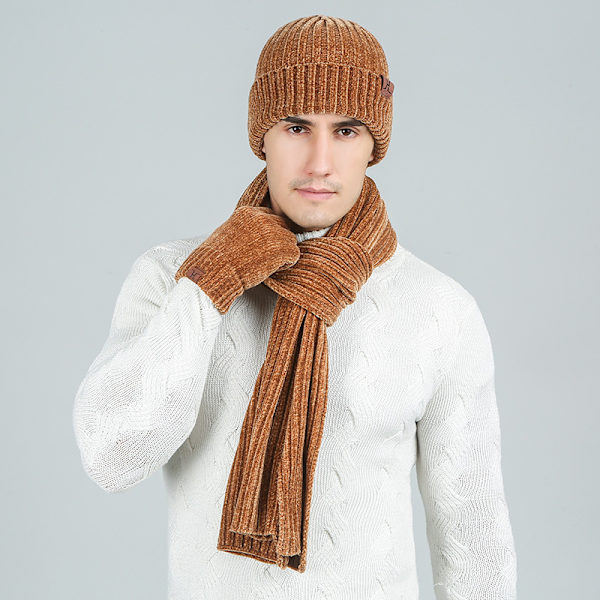 Varma scarfhatthandskar Tredelad set av solid ribbad stickad ullmössa filtscarf (beige)