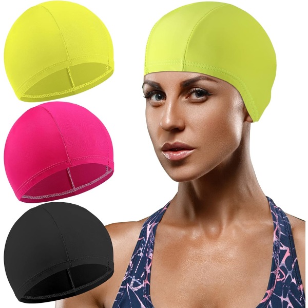 3 delar elastiska badmössor Bekväm cap i tyg Unisex cap Halkfri cap för män, kvinnor, barn（svart, rosröd, neongul）