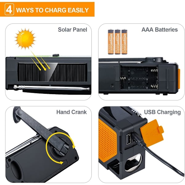Bärbar radio med LCD-skärm och handvev 2000mAh uppladdningsbart batteri Nödradio Power SOS Alarm -Orange