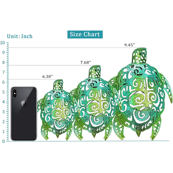 Set med 3 metall havssköldpadda strandtema dekoration väggkonst dekorationer för inomhus utomhus badrum trädgård (grön)