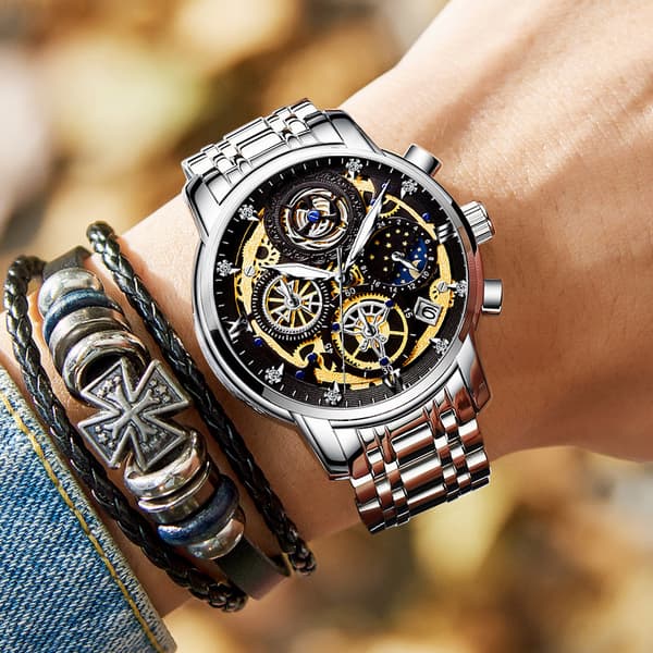 Quartz Ur Vandtæt Lysende Multifunktionel Chronograph Rem Rustfrit Stål Rem Quartz Ur Mænd