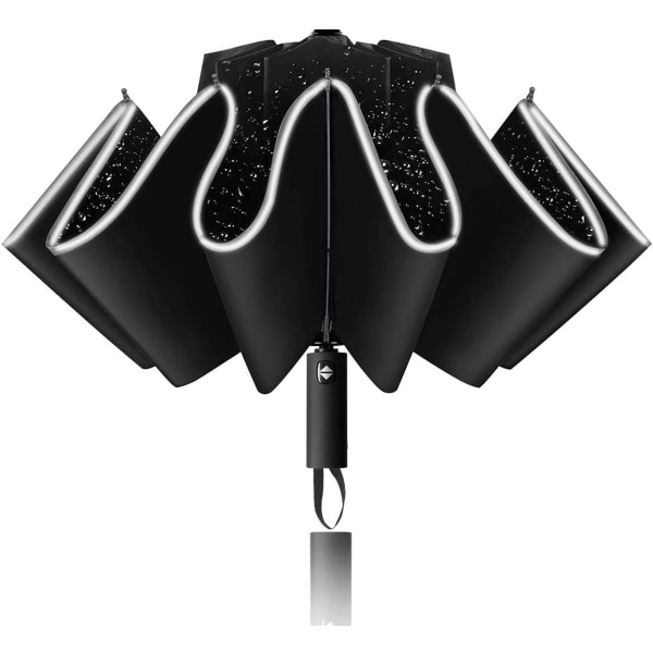 Vindtåligt hopfällbart paraply, automatiskt inverterat paraply, män kvinnor kompakt paraply med reflekterande remsa, mini reseparaply, svart