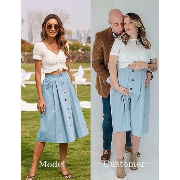 Midiklänning för kvinnor Casual hög elastisk midja A-linje midi chiffongkjol med fickor (ljusblå, M)
