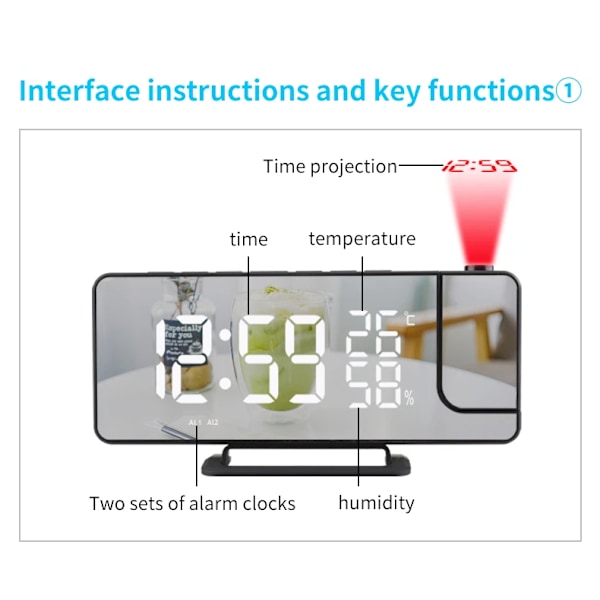Projektorklocka med temperatur Spegel，Elektronisk klocka med stor LED-display för temperatur och luftfuktighet svart