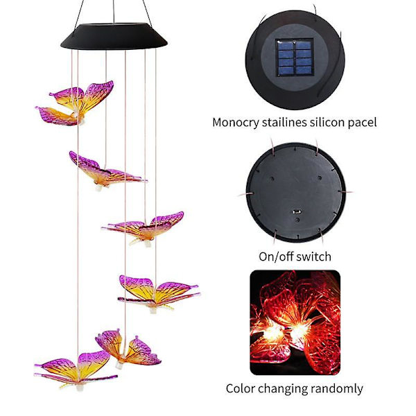Solar Wind Chime Light Butterfly Style Vattentät Trädgårdshängande Lampor Utomhuslampa Trädgårdsstatyer