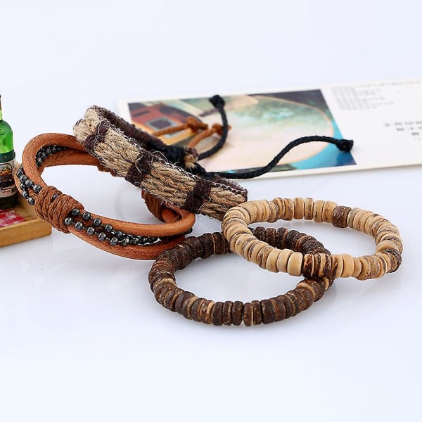 Retro enkelt set DIY flätat läderarmband kokosnötsskal armband hamparep läderarmband för män