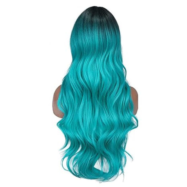 Turkos peruk Lång vågig sidodel peruk Värmebeständigt syntetiskt hår Cyan peruk sjöjungfru peruk Damparty Halloween kostymperuk (Ombre blågrön) 70 cm