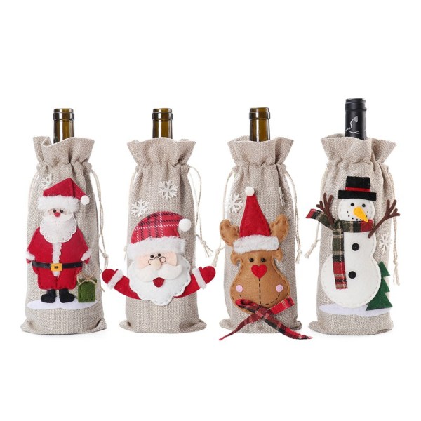 4 stycken julvinflasköverdrag Juldagsdekorationer Santa Snowman Älg Burlap Rödvinsflasköverdrag