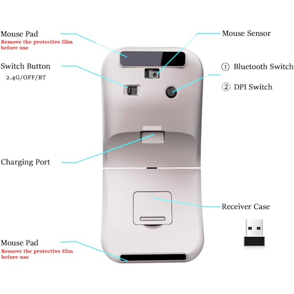 Sølv Trådløs Bluetooth Arc Mus til Laptop, Genopladelig Lydløs Foldbar Computermus, Ultratynd højre/venstre hånd USB-A dongle, 3 DPI til desktop tra